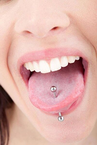 TAKIŞTIR Gümüş Renk Cerrahi Çelik Ucu Toplu Dil Dudak Piercingi (6MM)