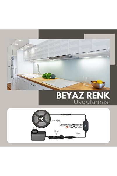AmberLED Beyaz 5 Metre Şerit Led Iç Mekan Tak Çalıştır Dokunmatik Aç-kapa Dim...