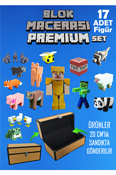 GiginGo Blok Macerası Premium Set - 17 Adet Minecraft Figür Seti - 20 cm Sandık