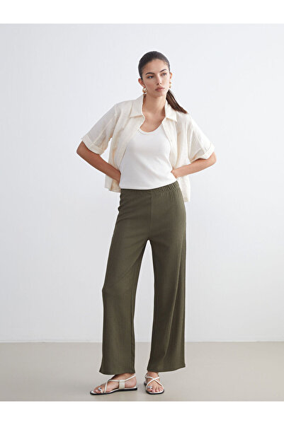 LC Waikiki Khaki Elastic Waist Textured Women's Trousers