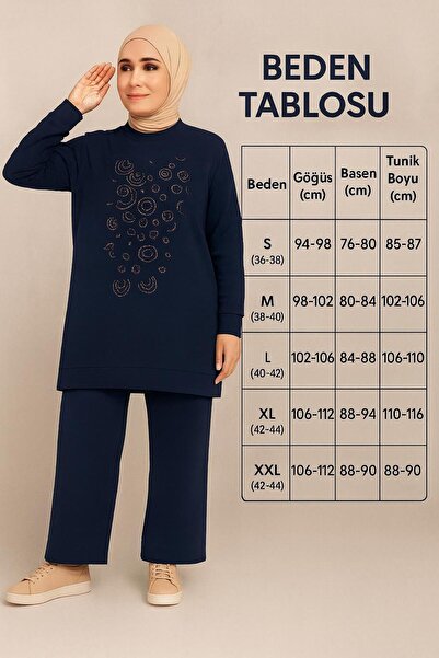 Sfg Life Moda Women's Gray Hijab Clothing Stylish Elegant Bird Stone Detailed and Crew Necktunic & Pants Two-Piece Set