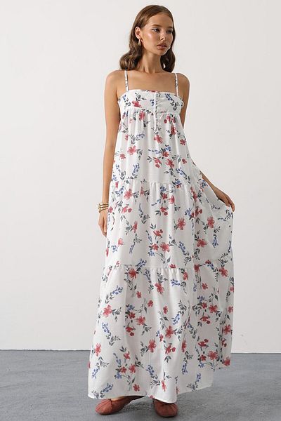 VAGGON Flower Pattern Suspender Detailed Multi-Layer Dress