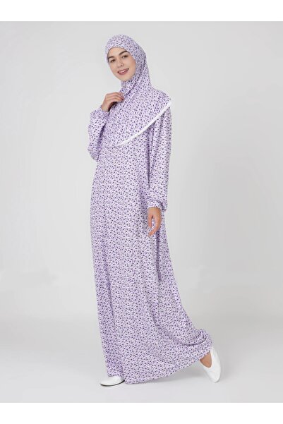 R reisa %100 Pamuk Başörtülü Tek Parça Namaz Elbisesi - Mor Çiçekli