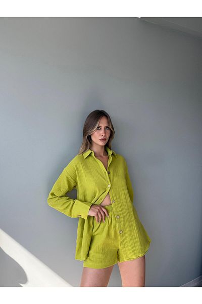 AlisaSu Button Front Shirt Elastic Waist Shorts Cotton Muslin Double Suit