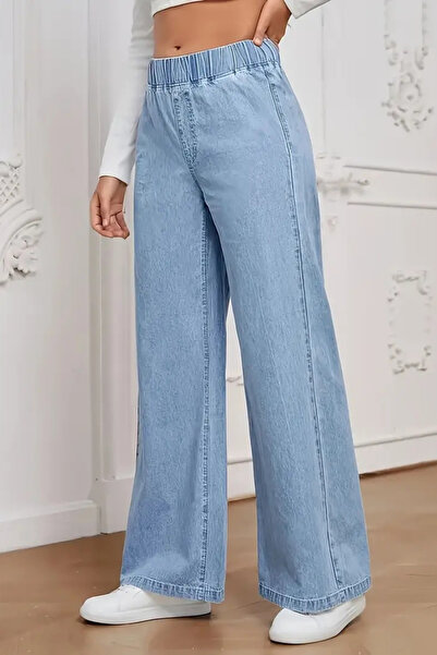 CEDY DENIM - Women's Summer Thin Fabric Pocketless Waist Elastic Palazzo Pants C630-Iceblue