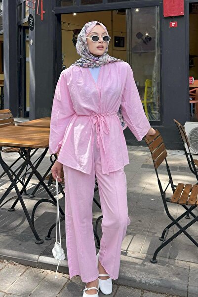 Modaensarbutik Belden Büzgülü Taş Serpmeli Keten Kimino Tesettür Takım-PEMBE