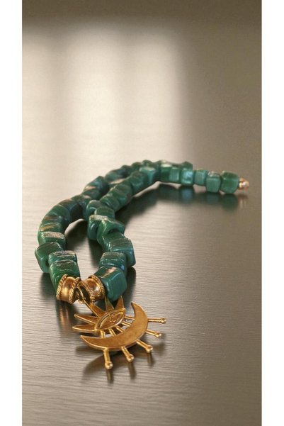 Bensei Takı Dükkanı Bensei̇ Green Glass Stove Beaded Necklace with Brass and Steel Accessories with Steel Chain