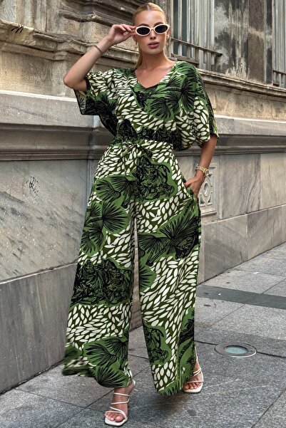 VAGGON Women's Walnut Green Patterned V-Neck Half Sleeve Blouse and Elastic Waist Palazzo Pants Set Vs00800