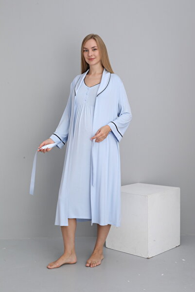 Miss Dünya Lissa Buttoned Maternity and Maternity Nightgown Set with Collar Detail