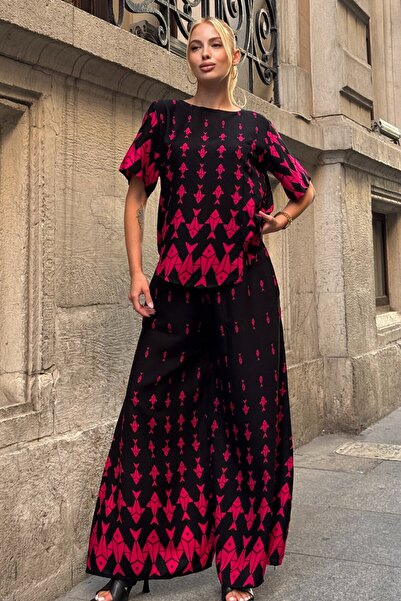 VAGGON Women's Fuchsia Crew Neck Patterned Blouse and Trousers Set Vs00801