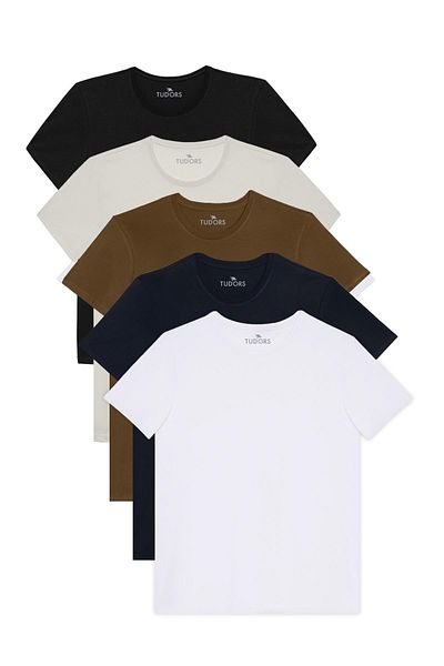Tudors Unisex 5-Pack Black-White-Stone-Navy-Khaki Slim Fit Slim Fit 100% Cotton Crew Neck T-Shirt