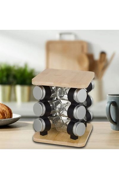 divendi-ro Rotating spice rack, wooden, with 12 glass containers, dimensions 17.5x17.5x17.5x21.5cm, transparent