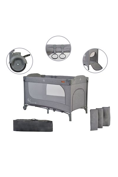 Cangaroo Skyglow foldable cot with one height level and support rings 120x60 cm, Grey