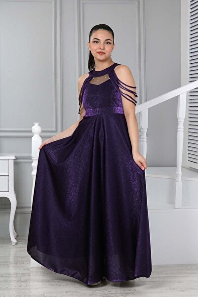 Dalikda Kız Çocuk Mürdüm Monoray Saten Kumaş Lüks Abiye Elbise-Düğün Kıyafeti