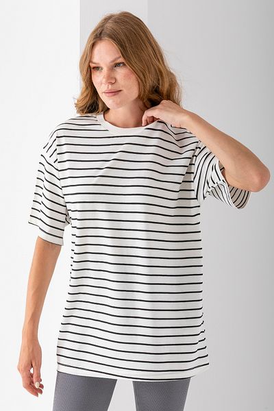 GİYSA Women's Crew Neck Oversize Basic Striped T-Shirt Black - 25700