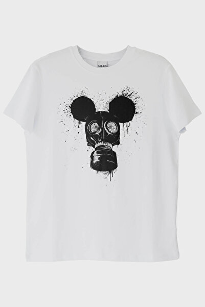 NUUGG تي شيرت أبيض وأسود مع قناع غاز وتصميم آذان فأر