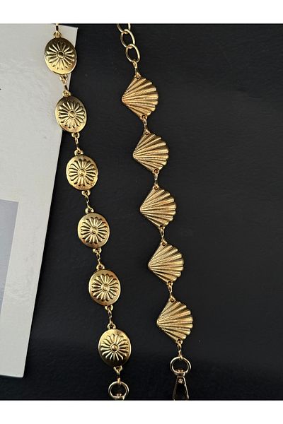 TABA BUTİK 2-Piece Gold Adjustable Women's Chain Belt with Mussel & Flower Buckle Detail