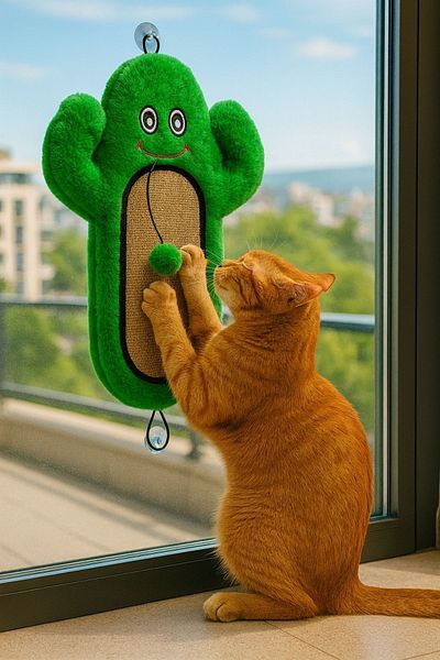 Miyav Cat Scratching Mat Plush Cactus Toy Jute Surface, with Rustling, Pom-Poms and Fixable