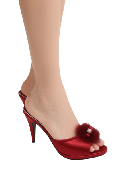 vory Kadın Bordo Topuklu Tüylü Taş Detaylı Ev Terliği Günlük Çeyizlik Hediyel...