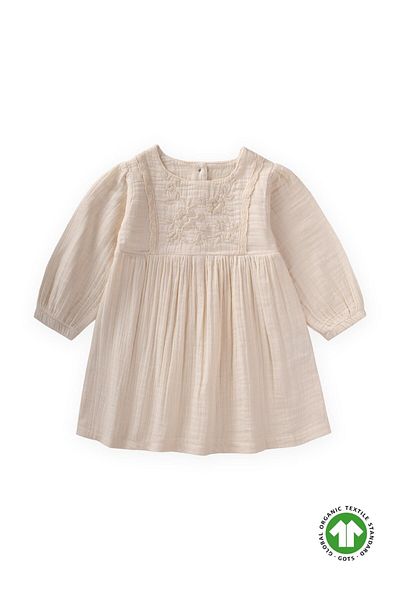 Cigit Organic Embroidered Lace Detailed Muslin Dress 1-10 Years Natural