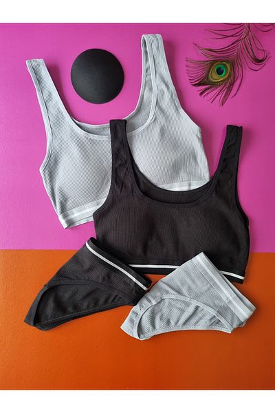 Demirsa Boutique Camisole Fabric 2-Piece Black and Blue&Gray Color Pad Bra Panty Set