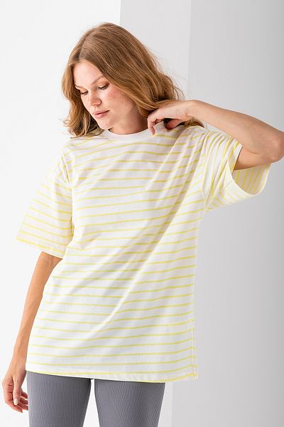 GİYSA Women's Crew Neck Oversize Basic Striped T-Shirt Yellow - 25700
