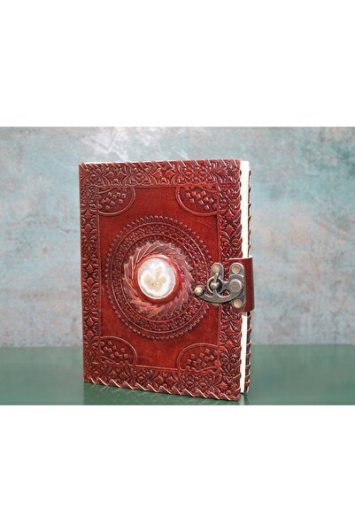 Kuzey Tacı Handmade Red Leather Cover Notebook – Vip with Natural Stone and Vintage Lock Detail