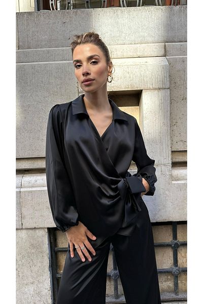 My Blog Black Side Tie Double Breasted Neck Satin Blouse