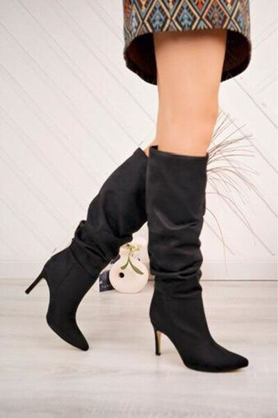 Budi Syt-2003 Black Suede Bellows Thin Heeled Daily Boots