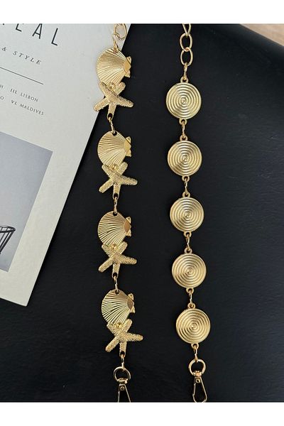 TABA BUTİK Midyeli Star & Round Buckle Detailed 2-Piece Gold Adjustable Women's Chain Belt