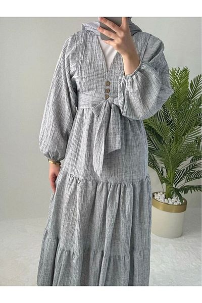 GALAVİP Women's Suitable for Hijab Seersucker Linen Balloon Sleeve Blouse Skirt 2-Piece Set