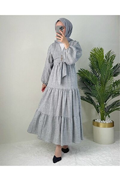 GALAVİP Women's Suitable for Hijab Seersucker Linen Balloon Sleeve Blouse Skirt 2-Piece Set