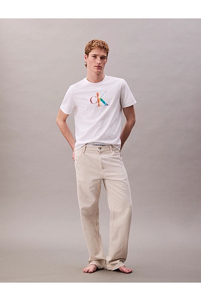 Calvin Klein Men's Regular Fit Ck Logo Printed Cotton Short Sleeve White T-Shirt Lv04Rc800G-Yaa
