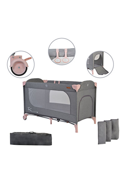 Cangaroo Skyglow foldable cot with one height level and support rings 120x60 cm, Grey/Pink