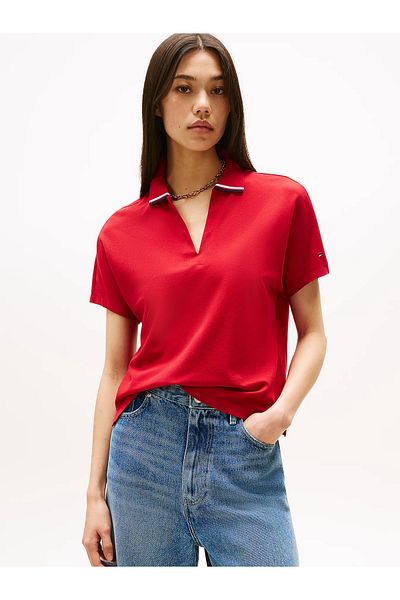Tommy Hilfiger Women's V-Neck Short Sleeve Plain Woven Fabric Red Polo Neck T-Shirt Ww0Ww46512-Xld