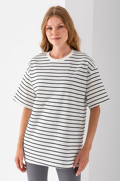 GİYSA Women's Crew Neck Oversize Basic Striped T-Shirt Black - 25700
