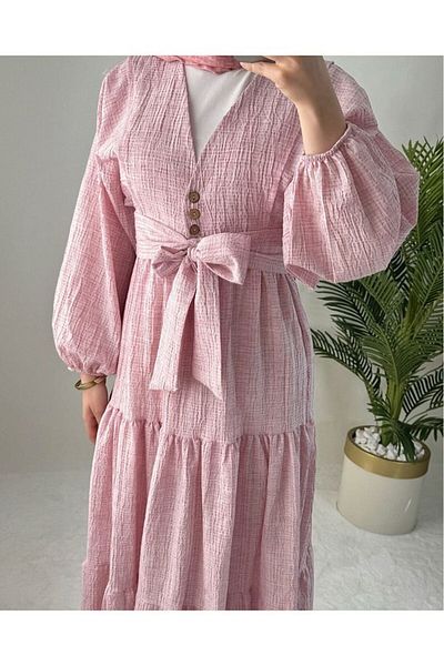 GALAVİP Women's Suitable for Hijab Seersucker Linen Balloon Sleeve Blouse Skirt 2-Piece Set