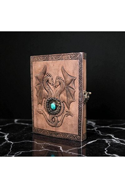 Kuzey Tacı Two-Headed Dragon Embossed Handmade Leather Notebook – Special Production Vip with Turquoise Stone and Lock