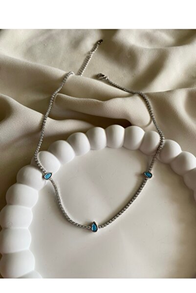 gaila design Turkuaz Damla Taş Detaylı Gümüş Rengi Su Yolu Tasma Choker Kolye