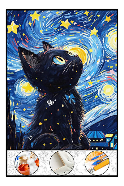 abbara Sayılarla Boyama Hobi Seti Çerçeveli Tuval Fırça Boya Dahil Kasnaklı 40x50 Cm Sevimli Kedi