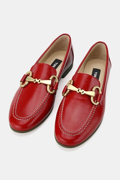 TUNAELLİ Women's Red Patent Leather Genuine Natural Leather 36-41 Number Buckle Ballet Flat