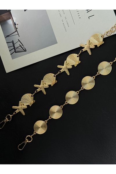 TABA BUTİK Midyeli Star & Round Buckle Detailed 2-Piece Gold Adjustable Women's Chain Belt