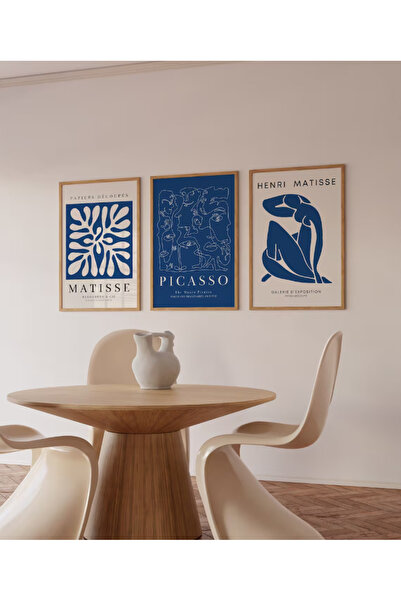 PAM STUDIO Mavi Tonlarda Matisse & Picasso Minimalist 3’lü Ahşap Tablo Seti –...
