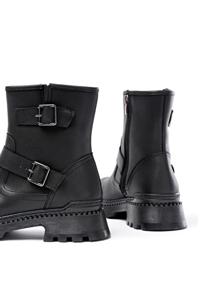 Budi 2051-2014 Black Buckle Flat Heeled Buckle Zippered Daily Women's Boots