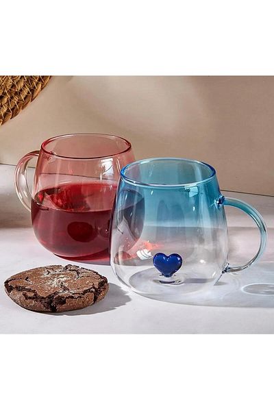 PİNK DESİGN KİTCHEN Love 2-Piece Glass Mug 400 ml