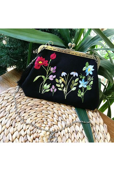 Home Black Linen Hand Embroidered Vintage Style Bag. Silver Color Chain Detailed. 100% Handmade 24X16 Size