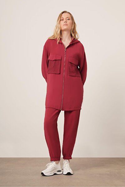 FTZ WOMEN Women's Mesh Detailed Trousers Suit Claret Red 30713
