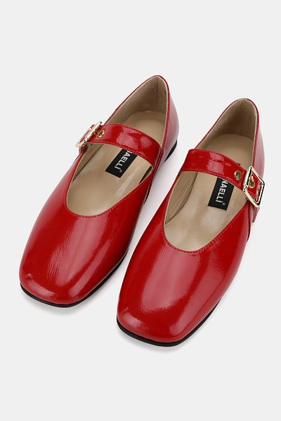 TUNAELLİ Women's Red Patent Leather Genuine Natural Leather 35-41 Number Buckle Banded Ballet