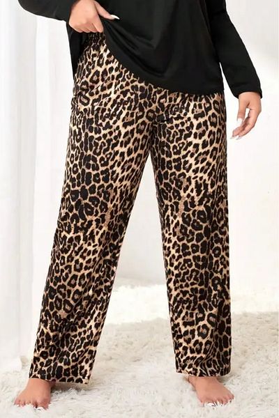Farya Home Plus Size Soft Velvet Textured Leopard Print Suede Pajama Bottoms Pants