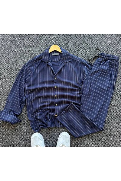 NewCabin New Season Premium Crepe Fabric Striped Shirt-Pants Set of 2